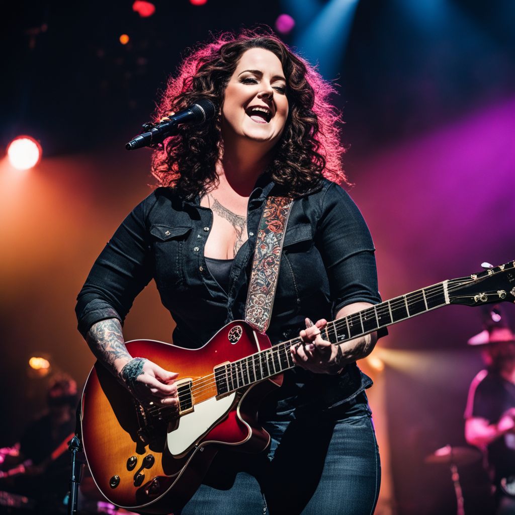 Ashley McBryde performs on vibrant stage with enthusiastic fans.