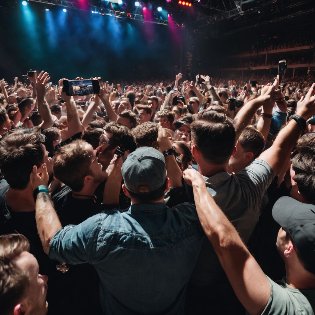 A packed crowd at a Silverstein concert, with hands waving.