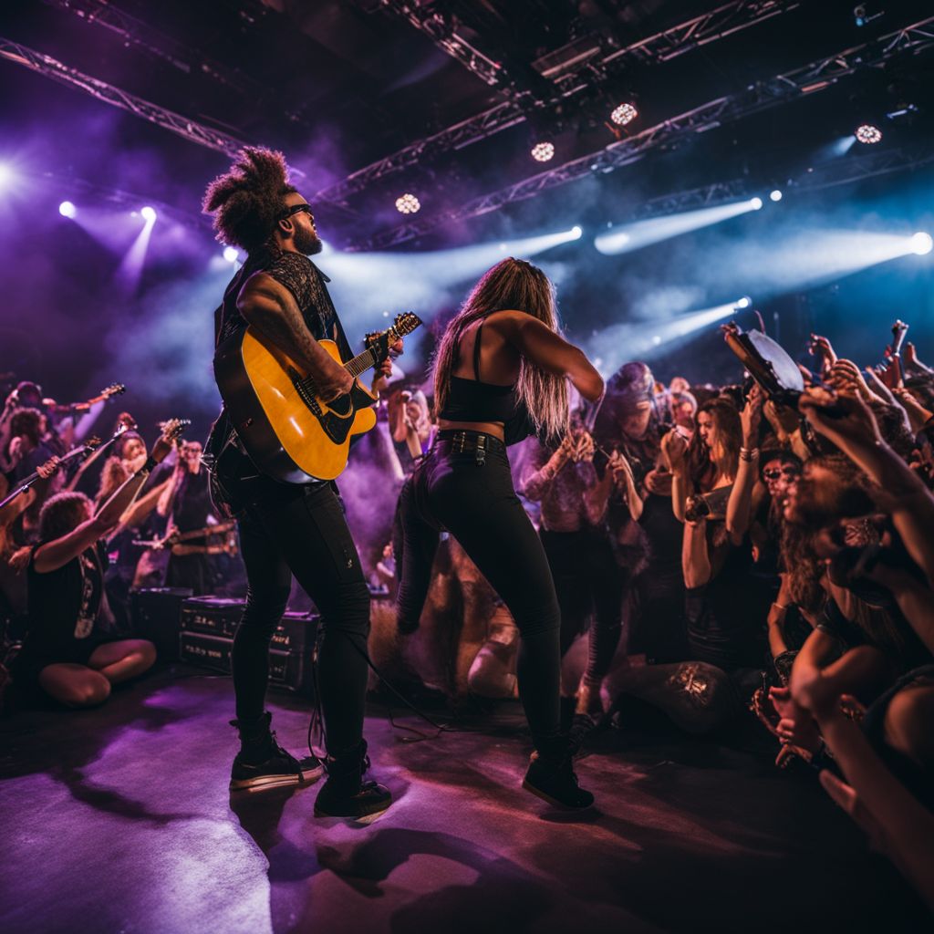 A band performing on stage at a music festival surrounded by passionate fans.