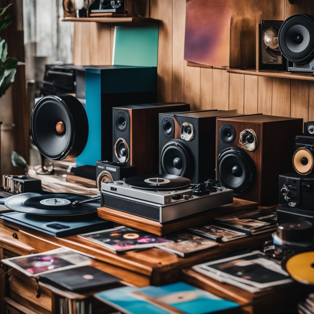 A vinyl album surrounded by vintage speakers and colorful records.