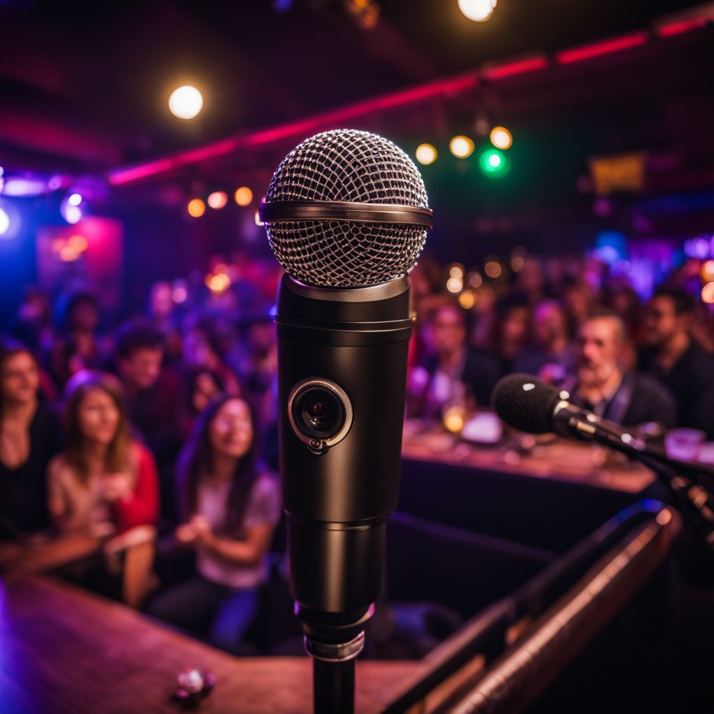 A comedy club stage with a microphone and diverse audience.