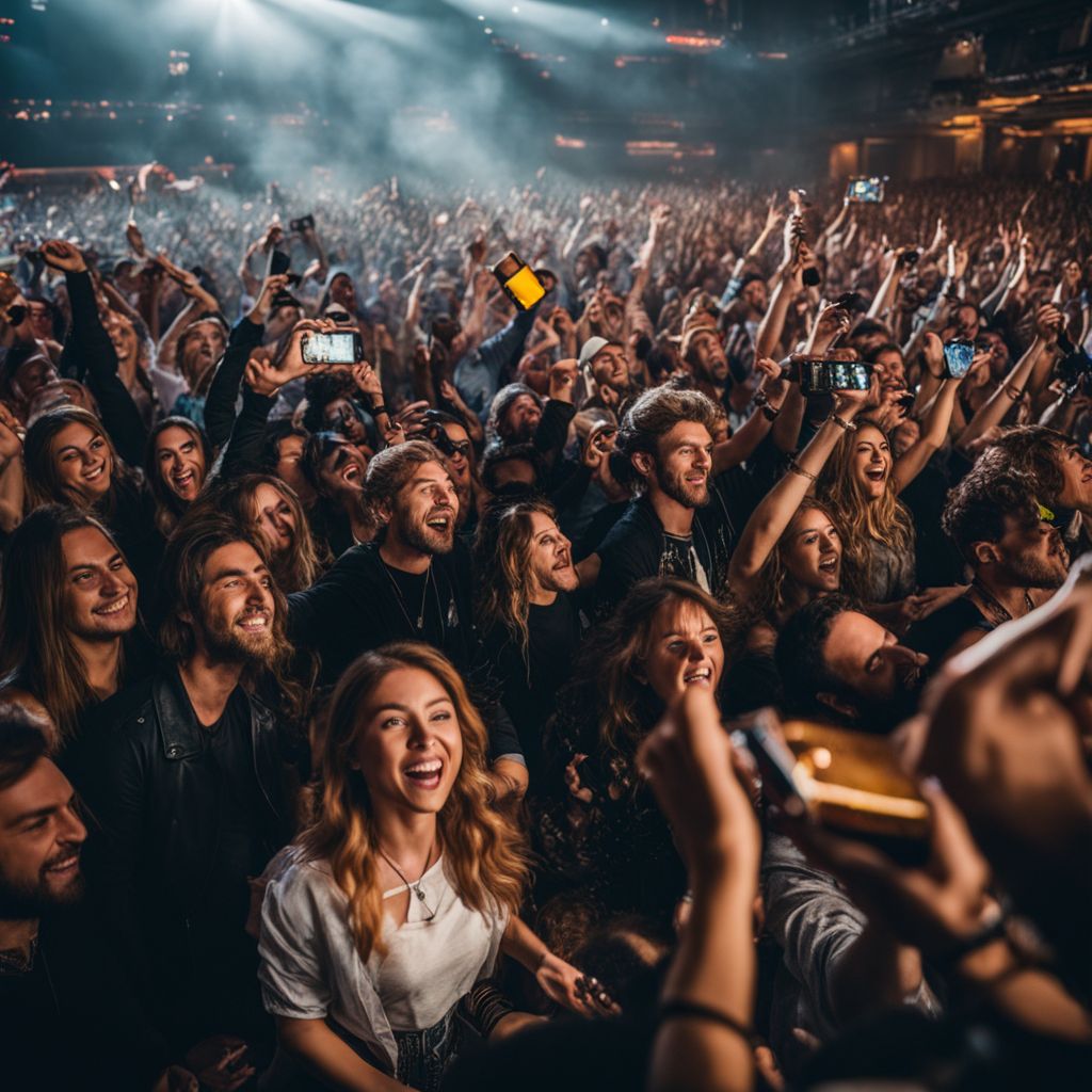 A diverse crowd of energetic fans at a concert venue.