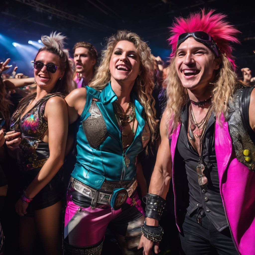 A group of fans in glam rock attire cheer at a Steel Panther concert.