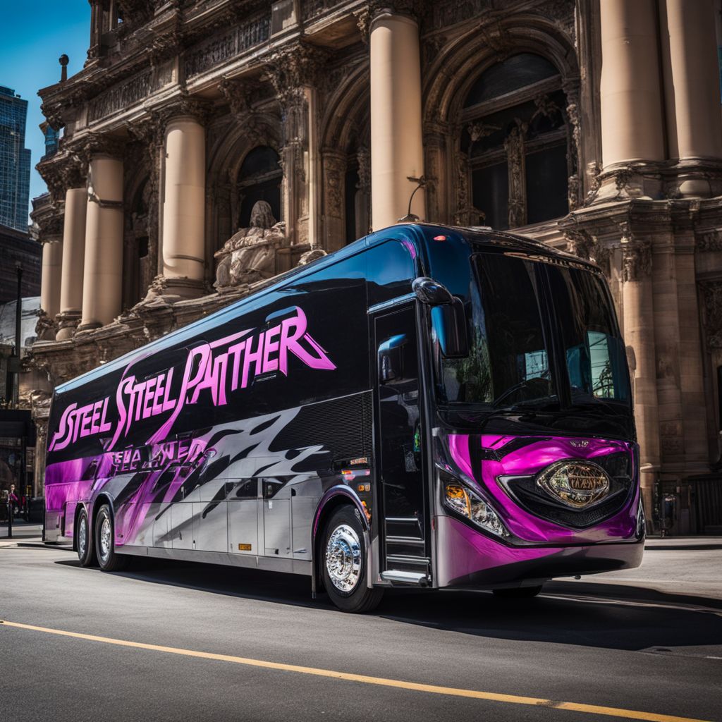 Steel Panther tour bus parked in front of iconic concert venues with bustling atmosphere.