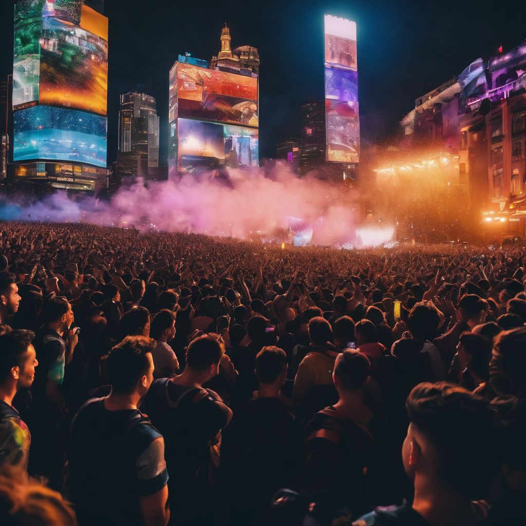 A lively crowd at a concert venue with colorful stage lights.