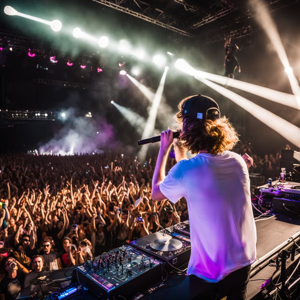 A packed concert with a band performing under vibrant lights.