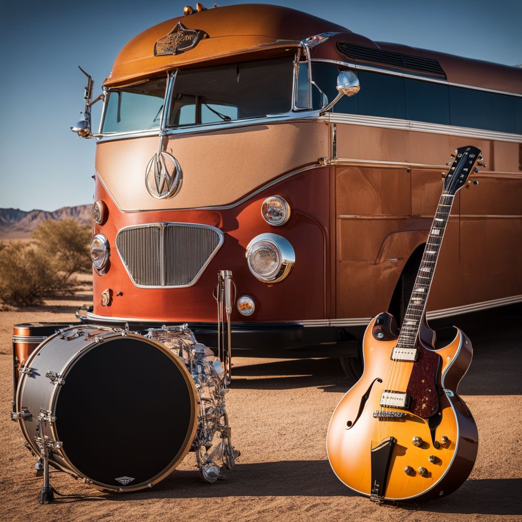 Steve Miller Band's instruments and vintage tour bus in a desert landscape.