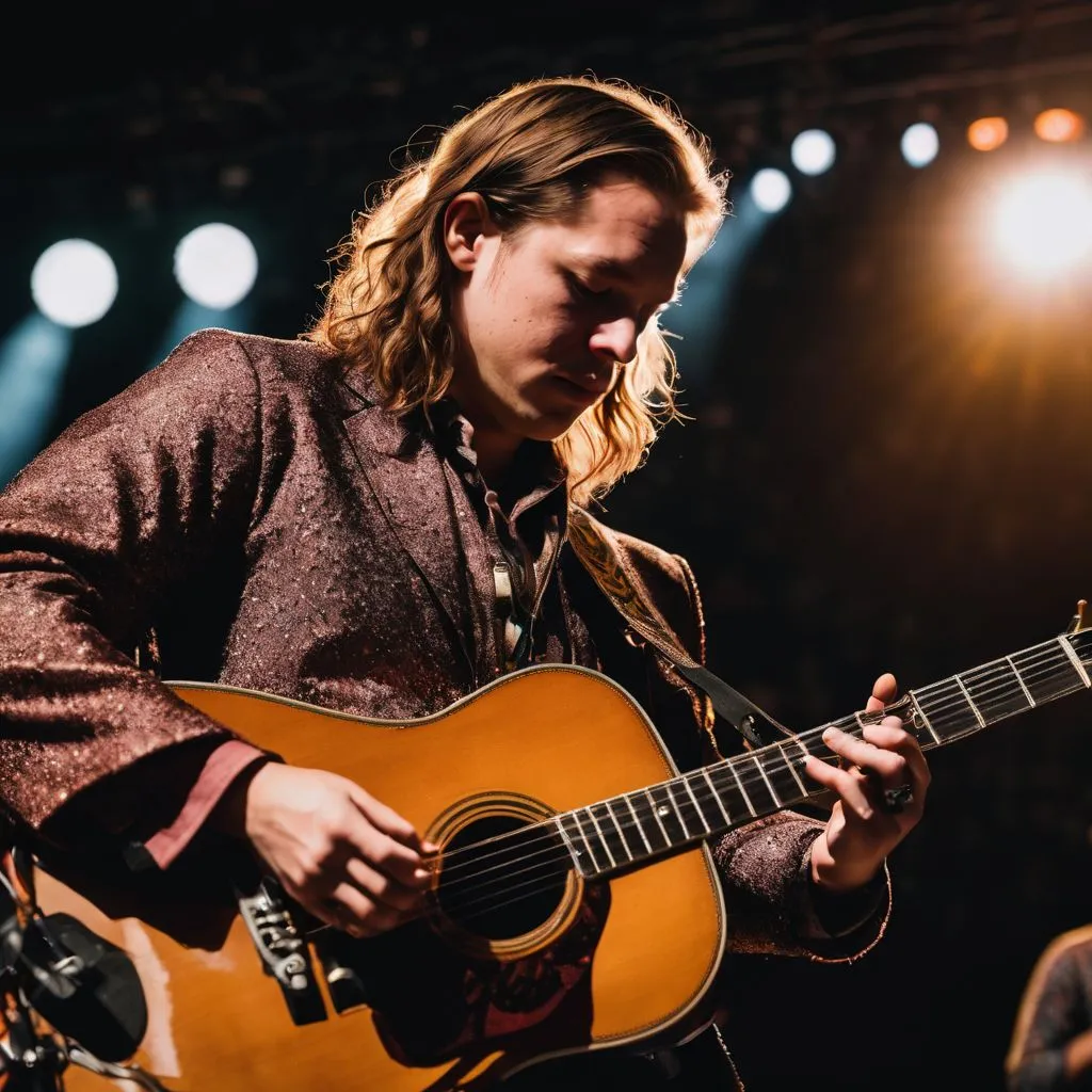 Billy Strings rocking out on stage at a packed concert venue.