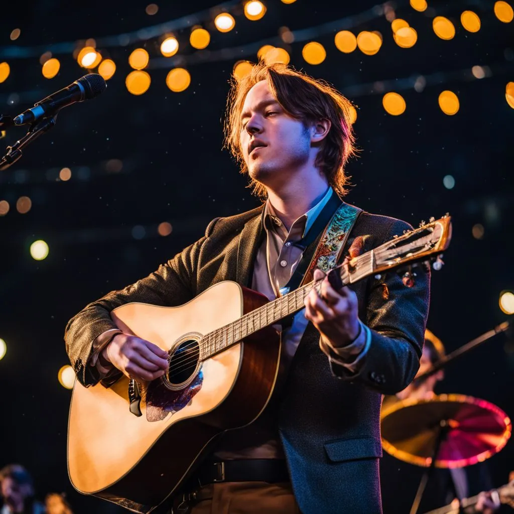 Billy Strings performs at a music festival under the starry night sky.