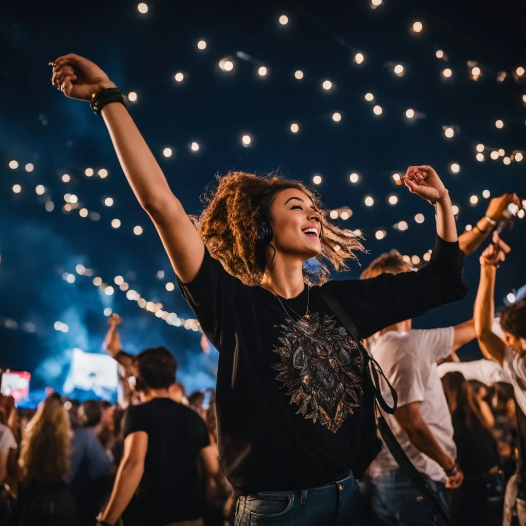 A lively outdoor music festival with diverse fans dancing under the stars.