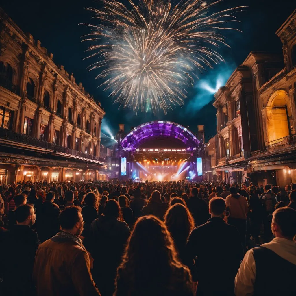 Diverse fans dancing in front of a lit-up stage in a bustling atmosphere.