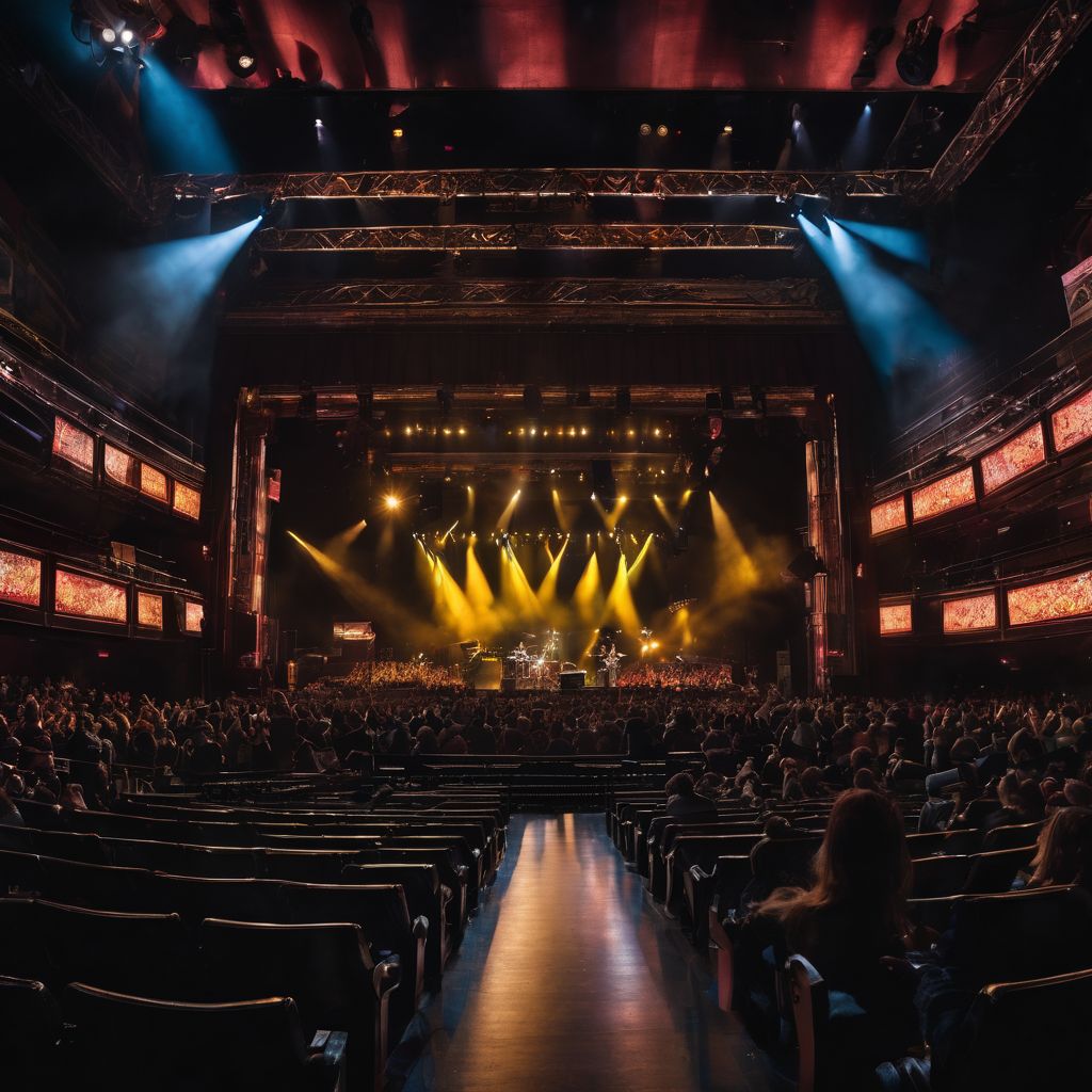 A vintage concert venue decorated with iconic Styx memorabilia.