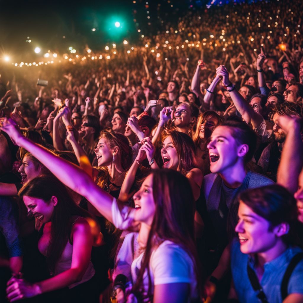 Diverse crowd of fans cheering at a concert.