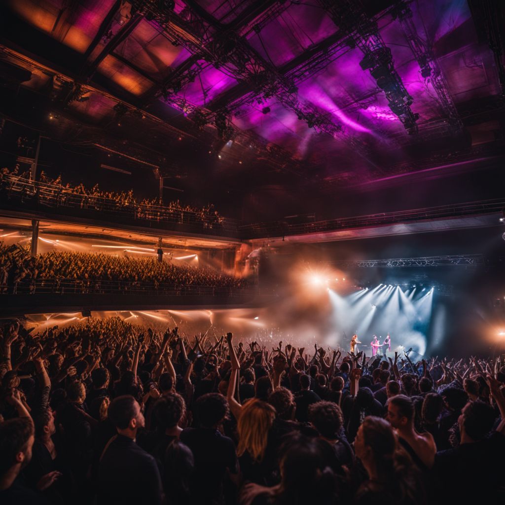 A packed music venue with fans cheering at a concert.