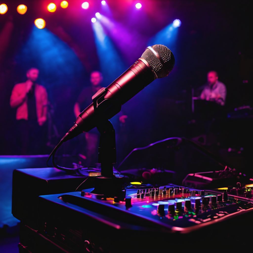 A vibrant concert stage with various performers and equipment.