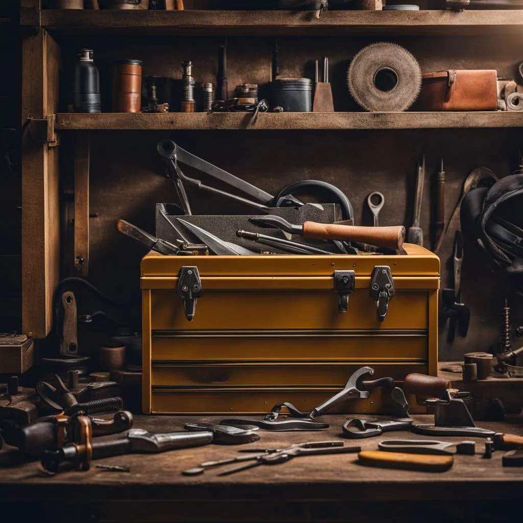 A classic toolbox with assorted tools in a garage workshop.