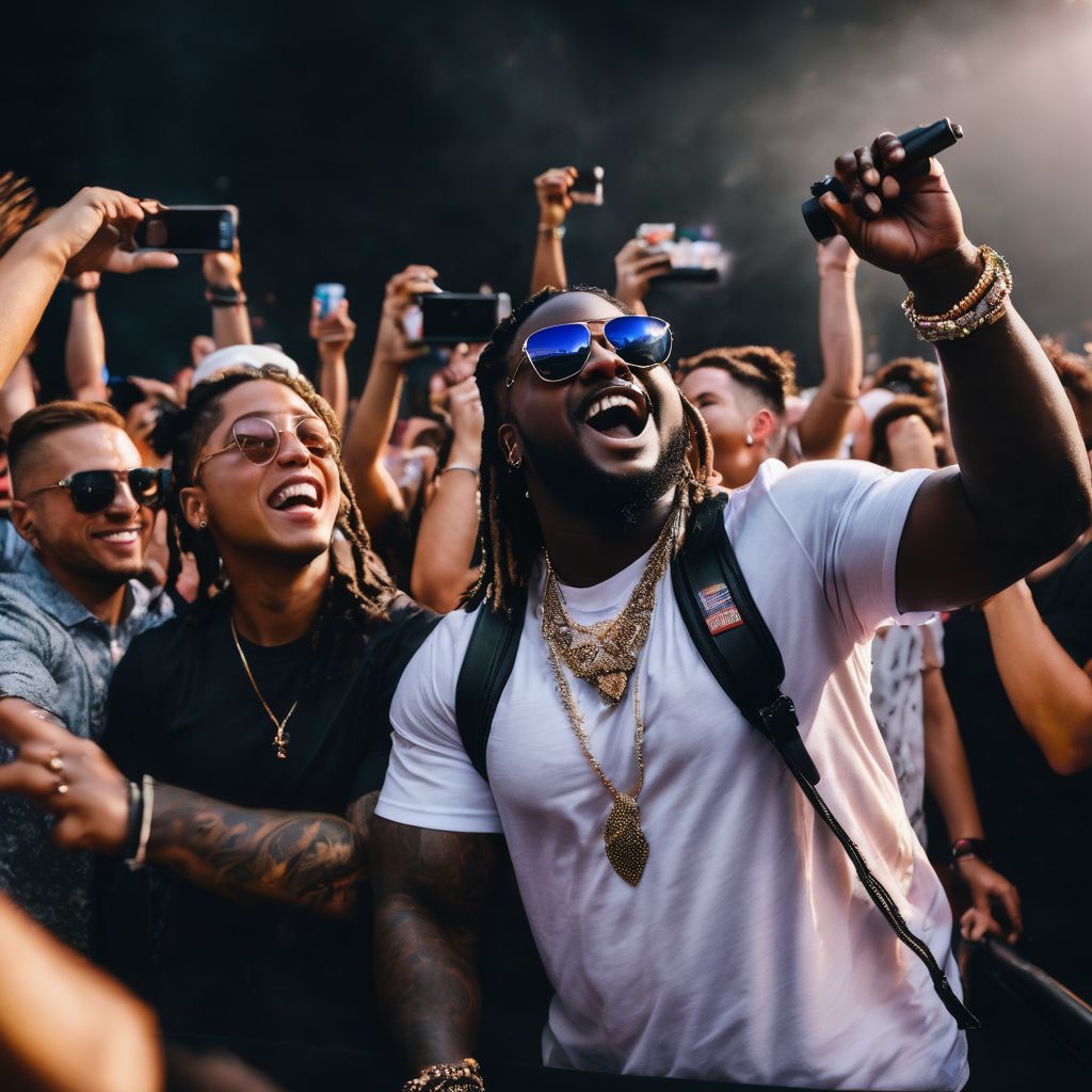 A lively T-Pain concert with a diverse and enthusiastic crowd.