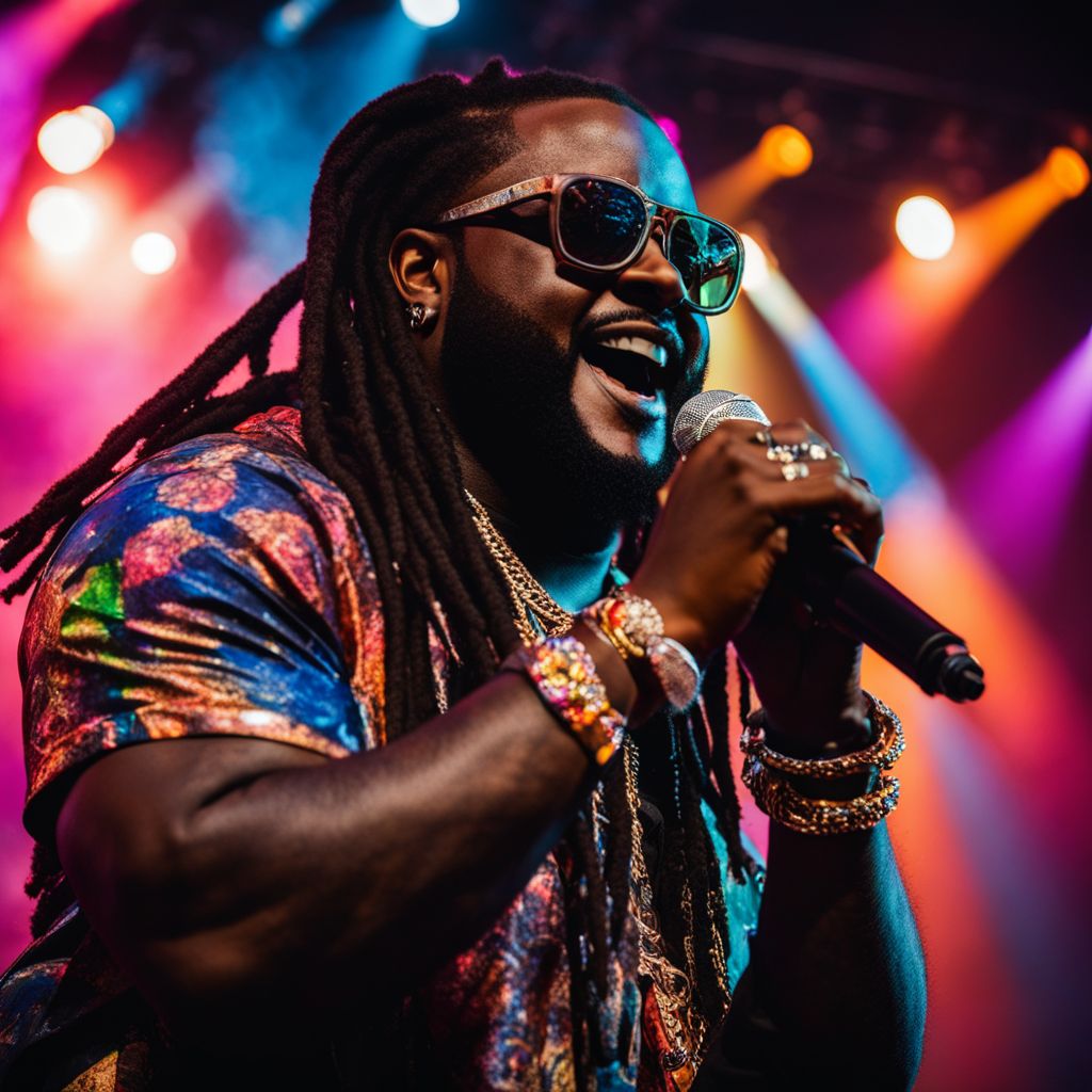 T-Pain performing on a vibrant concert stage with cheering fans.