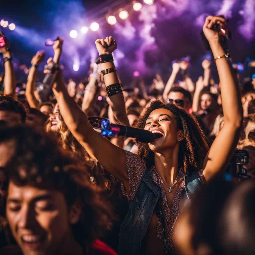 A vibrant outdoor music festival with a cheering crowd and colorful stage lights.