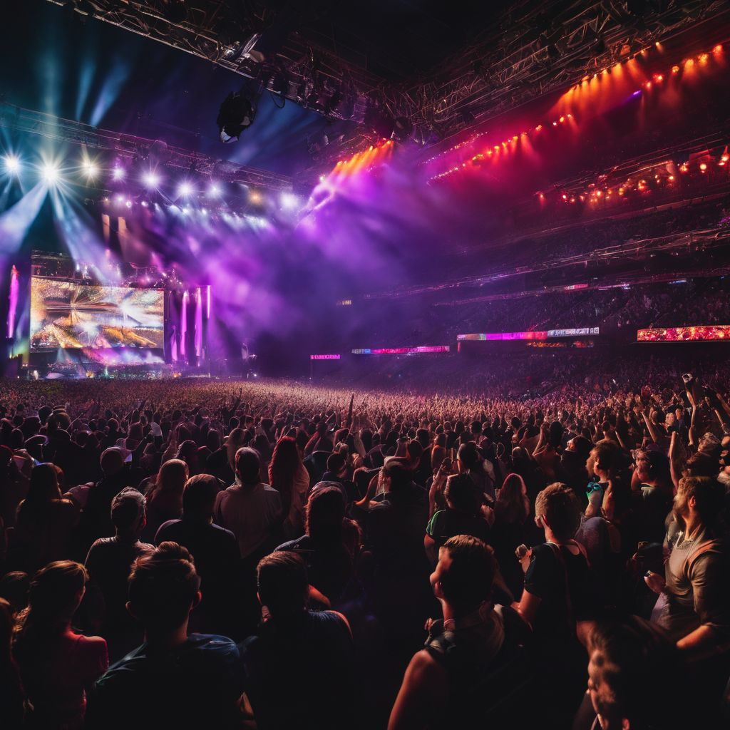 A crowded concert venue with energetic fans and colorful lights.