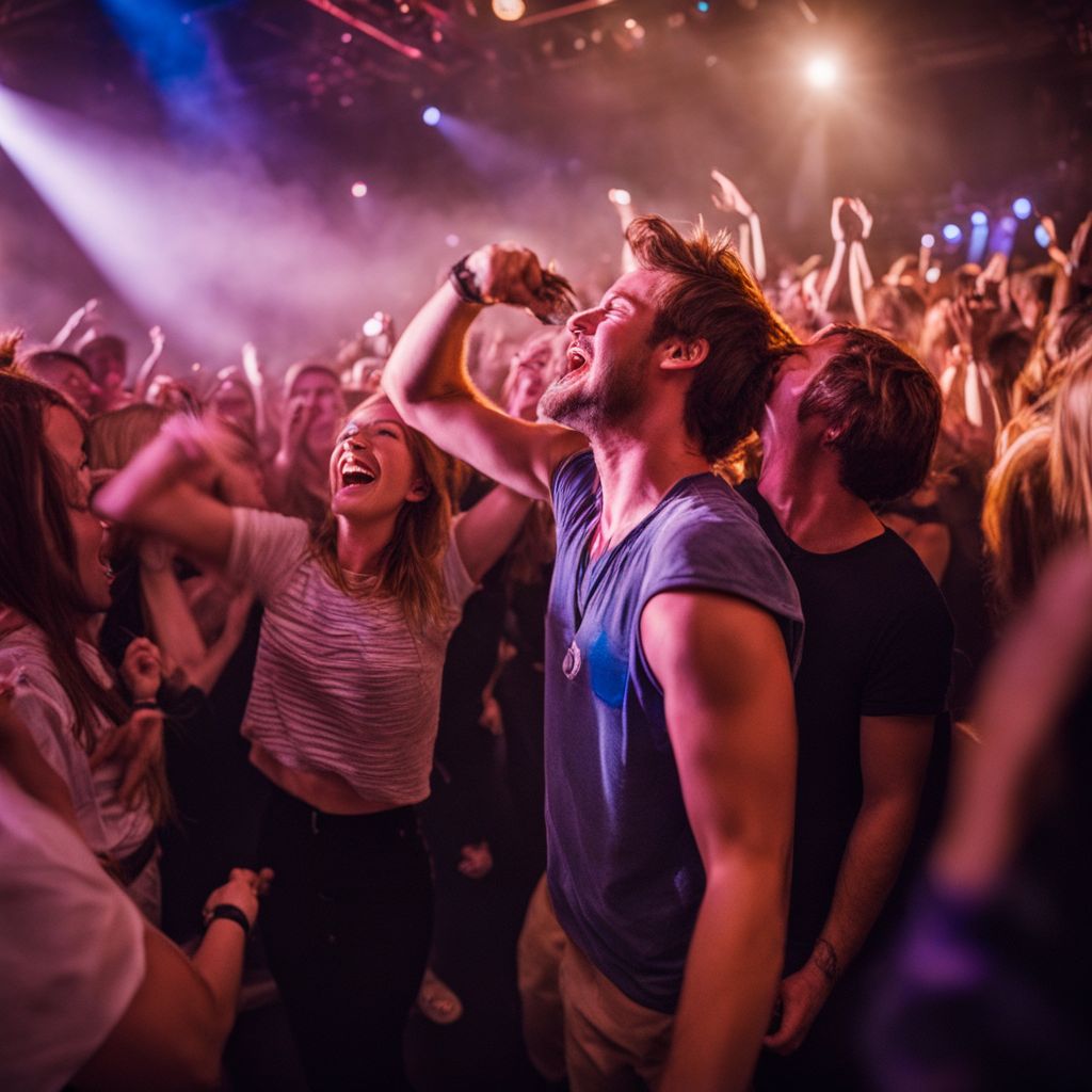 Excited fans dancing and singing at lively Tate McRae concert.