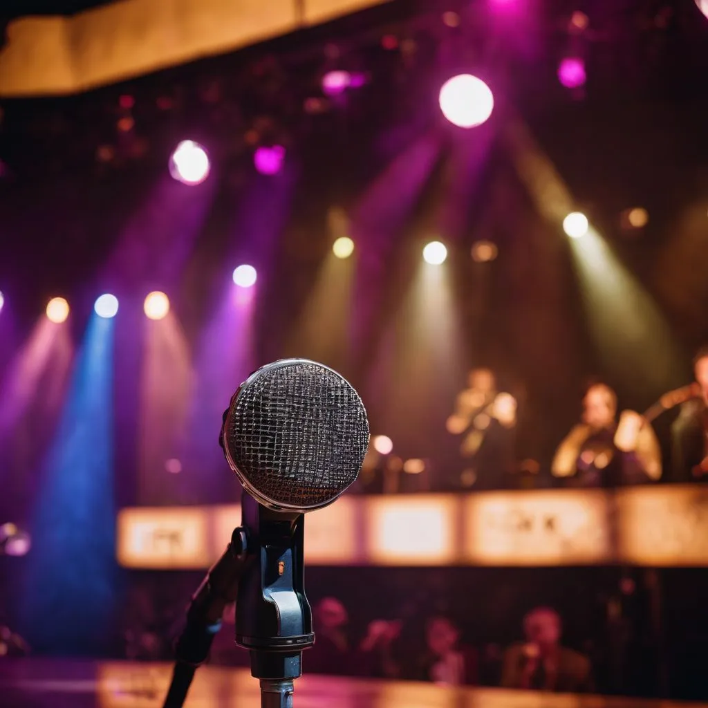 A vintage microphone on an empty stage with a bustling atmosphere.