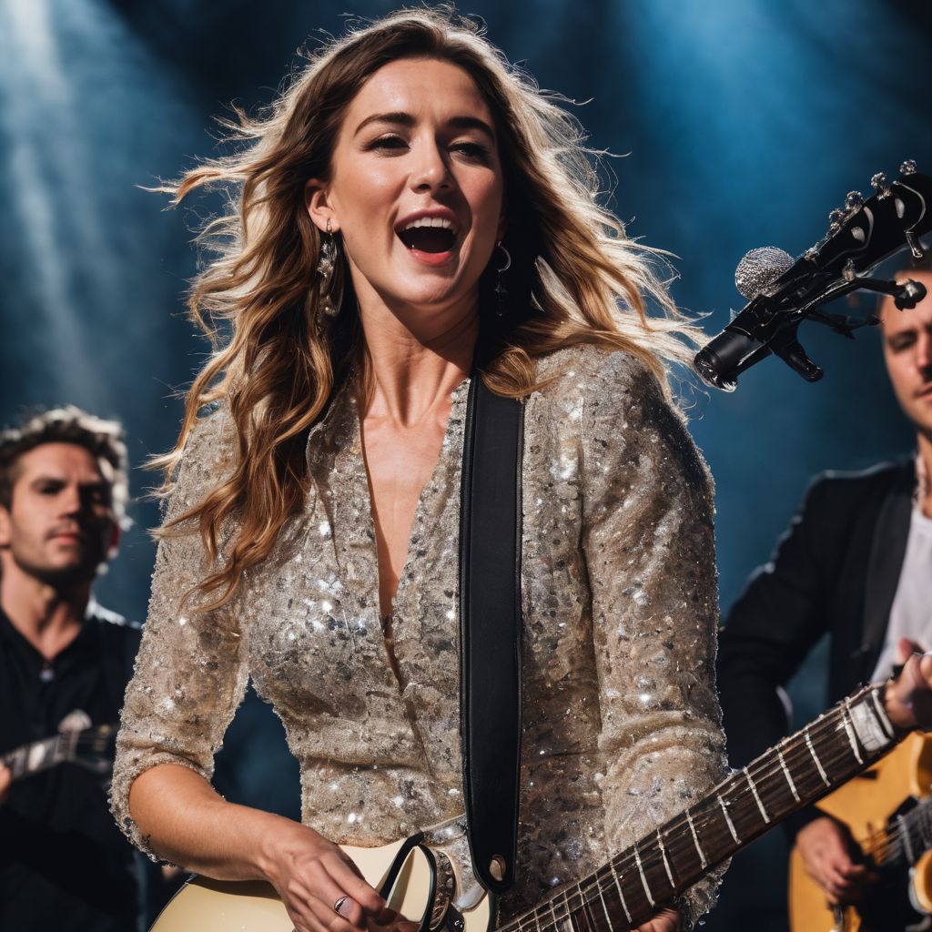 The lead singer and guitarist of The Beaches performing on stage.