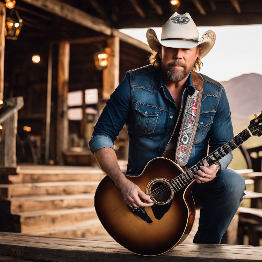 A branded Toby Keith guitar on a rustic stage.