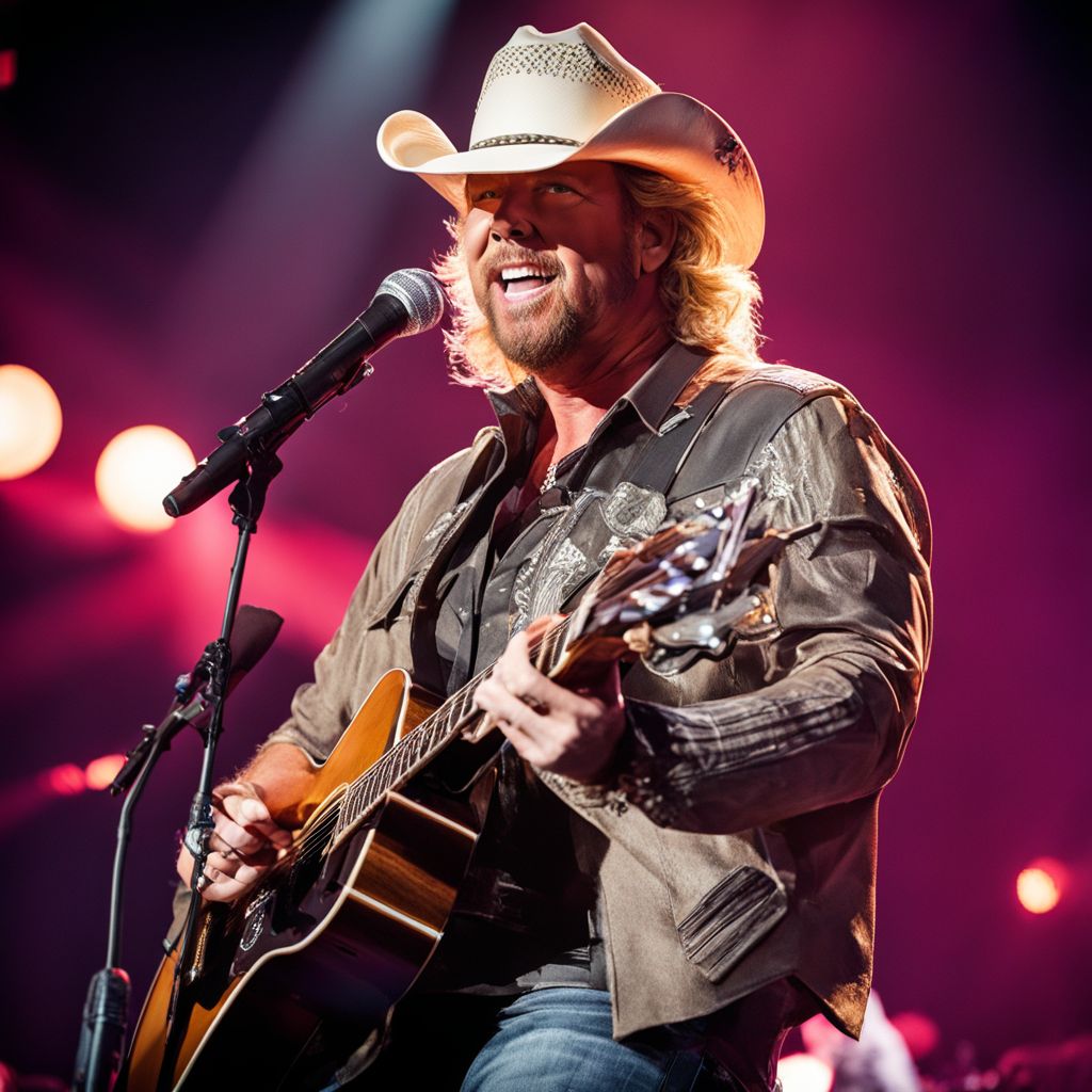 Toby Keith performing at a packed concert with enthusiastic fans.