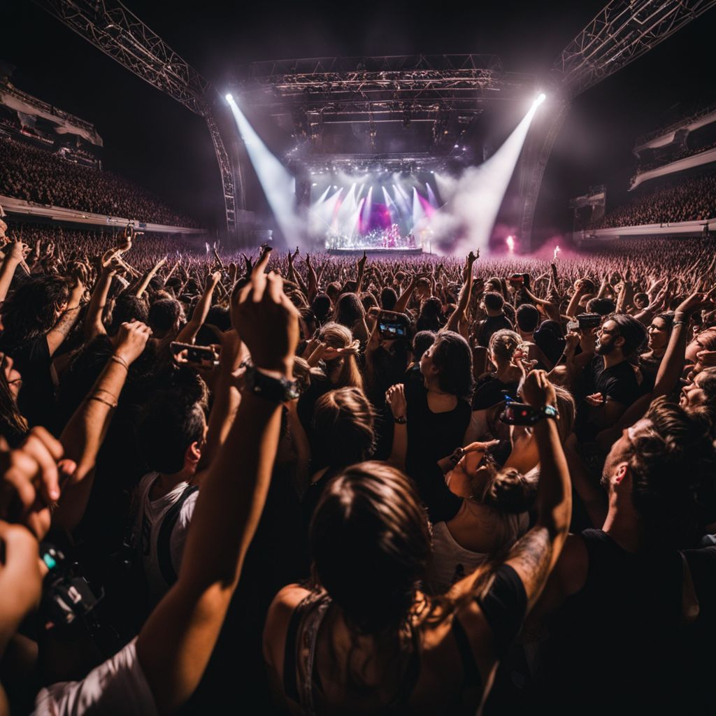 A crowd of fans cheering at a Pierce The Veil concert.