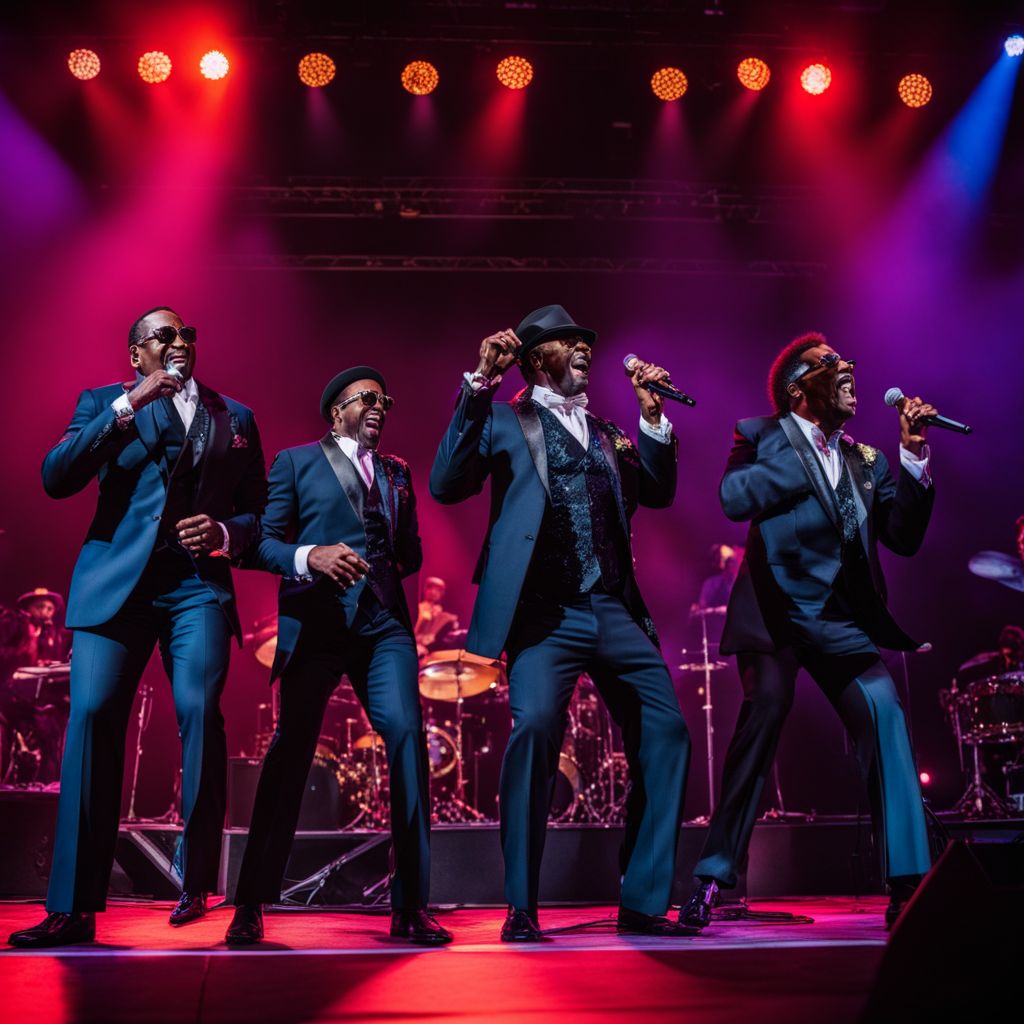The Temptations performing live on stage in Detroit with captivating energy.