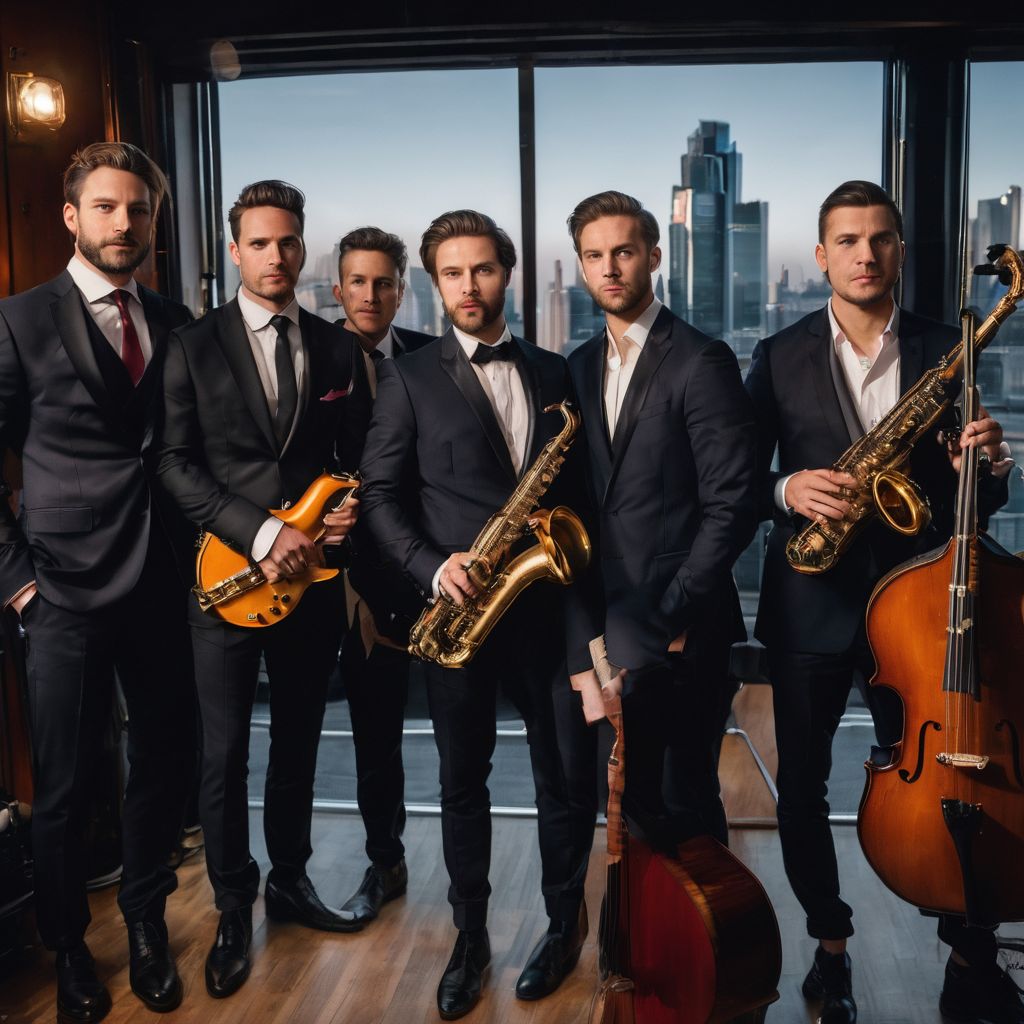 A group of sharp-dressed musicians with instruments backstage at a city event.