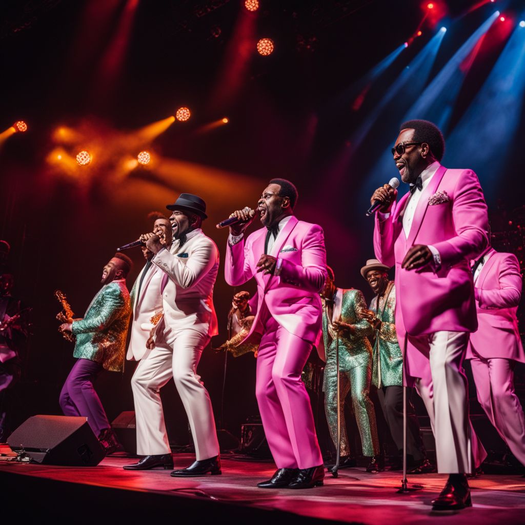 The Temptations perform on stage with a lively crowd at a concert.