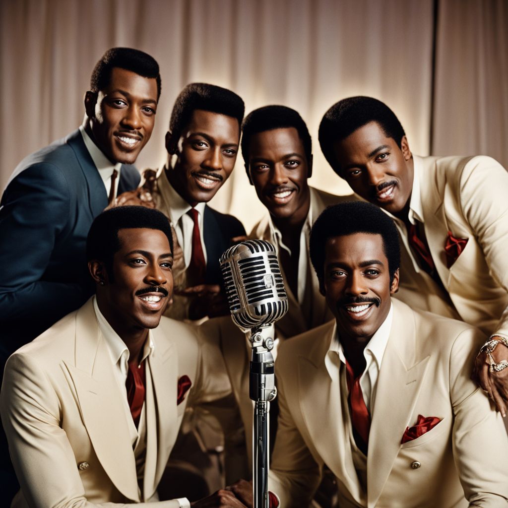 The Temptations posing in front of vintage microphone on stage.