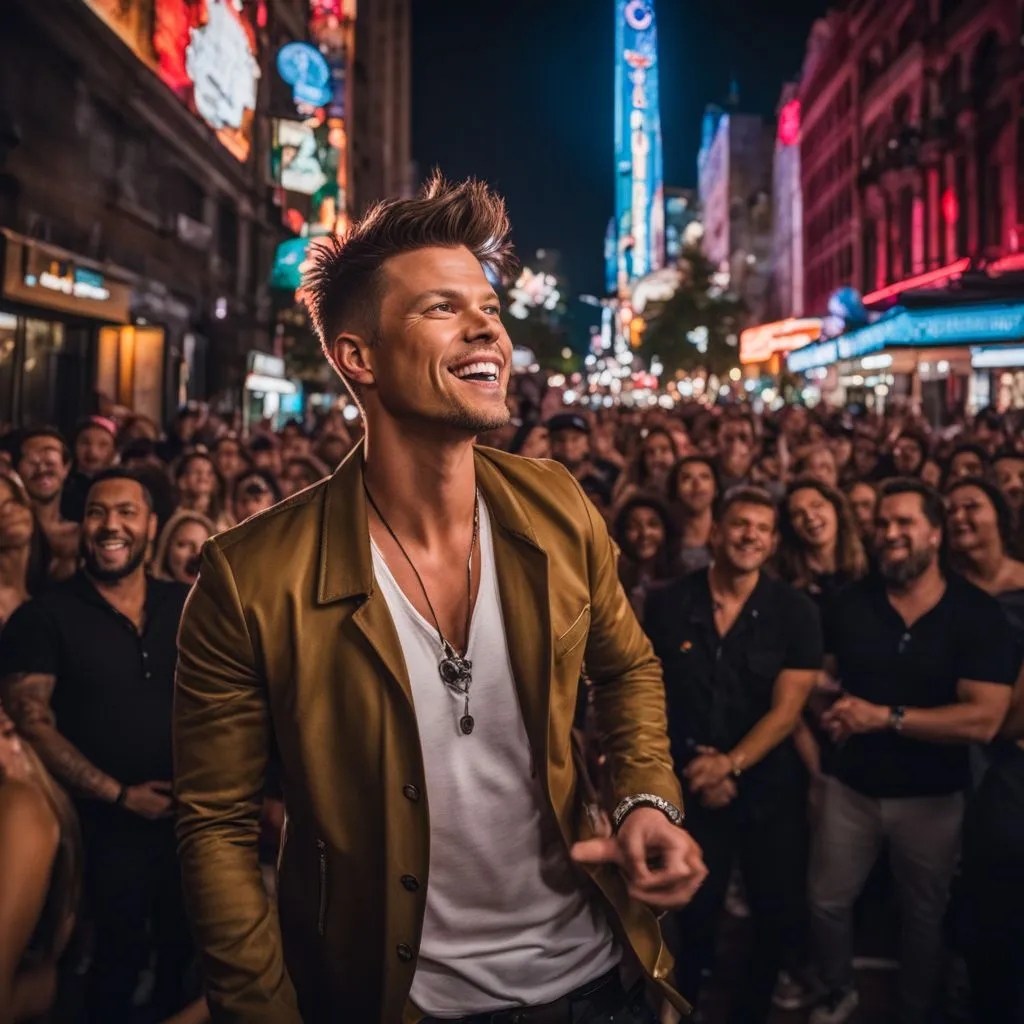Theo Von performing stand-up comedy on a vibrant stage with a bustling atmosphere.