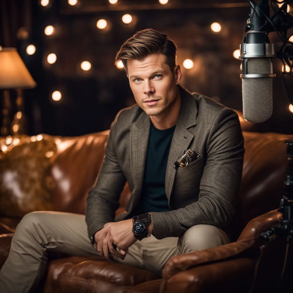Theo Von sitting on a cozy vintage couch recording a podcast.