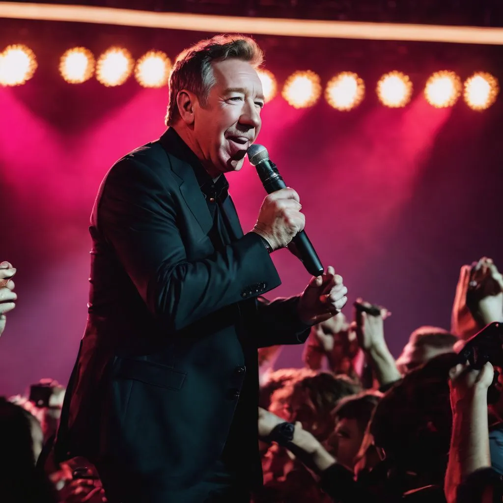 Tim Allen performing on stage with cheering fans in the background.