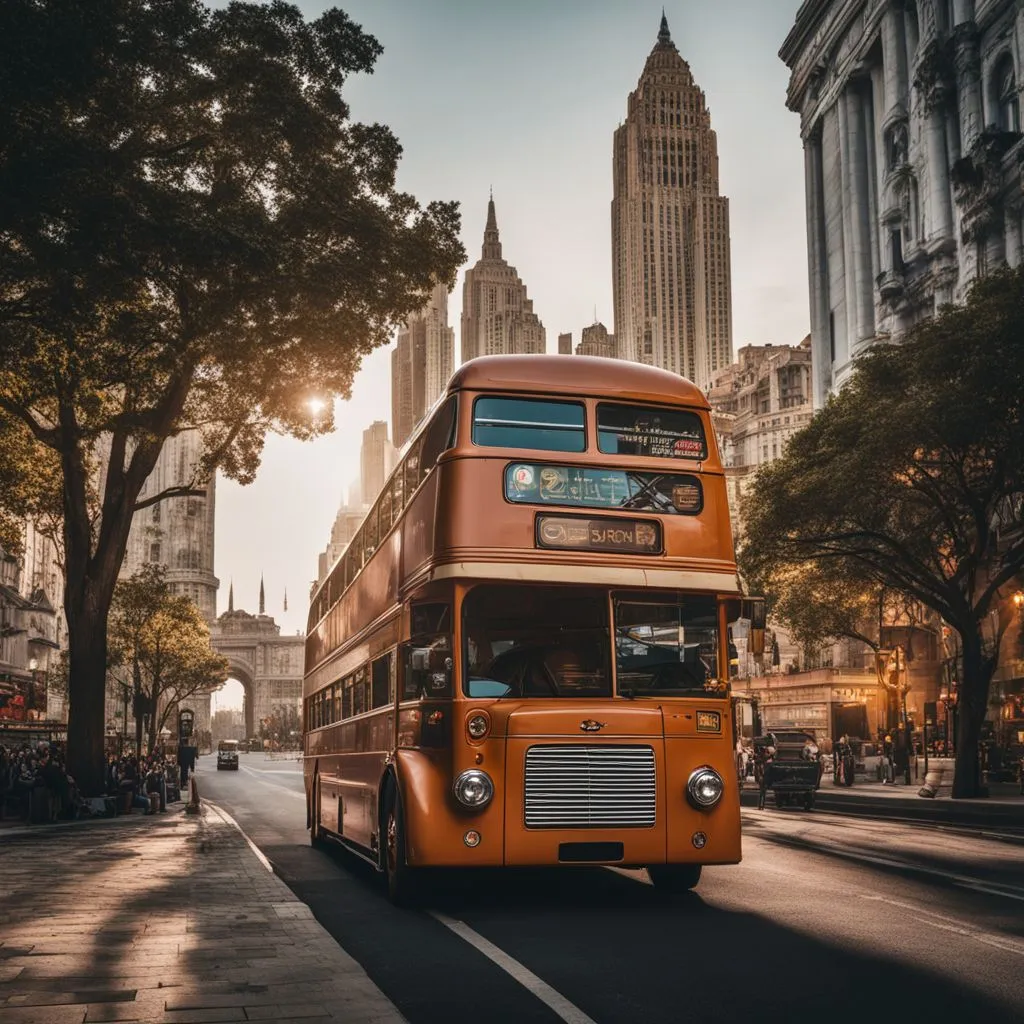 A vintage tour bus parked in front of famous landmarks.