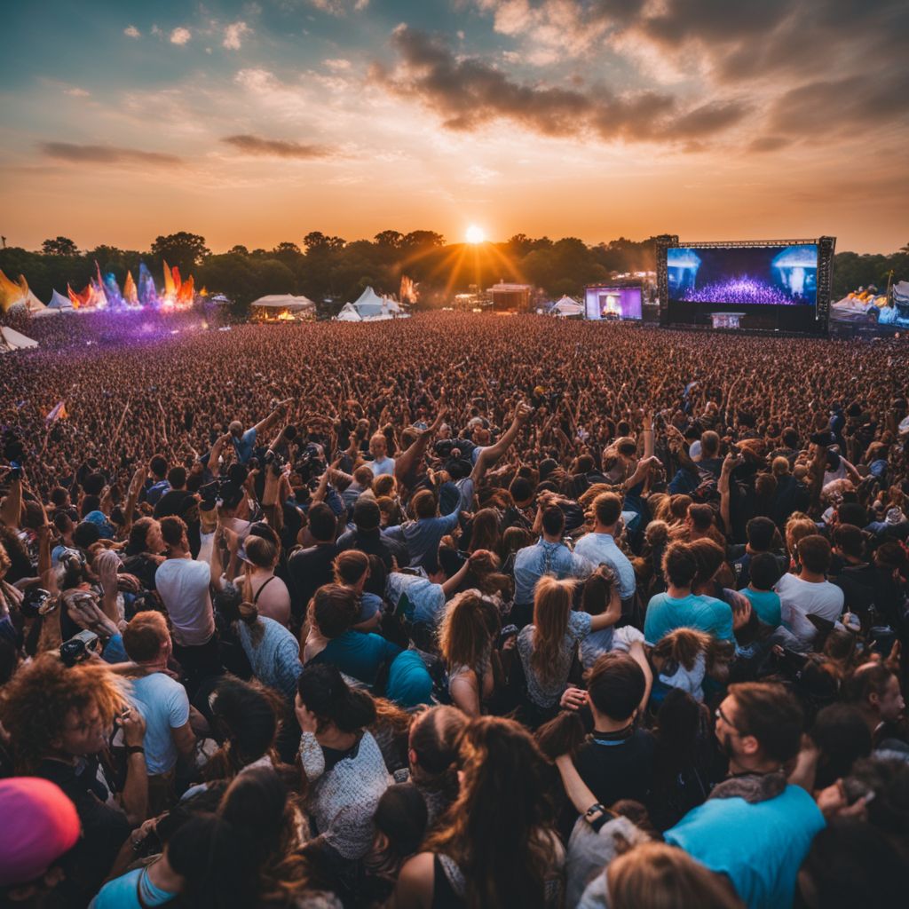 A lively music festival with a diverse crowd of excited fans.