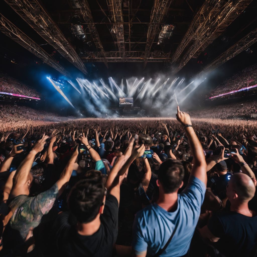 A crowd of fans cheering and raising their hands at a Tool concert.
