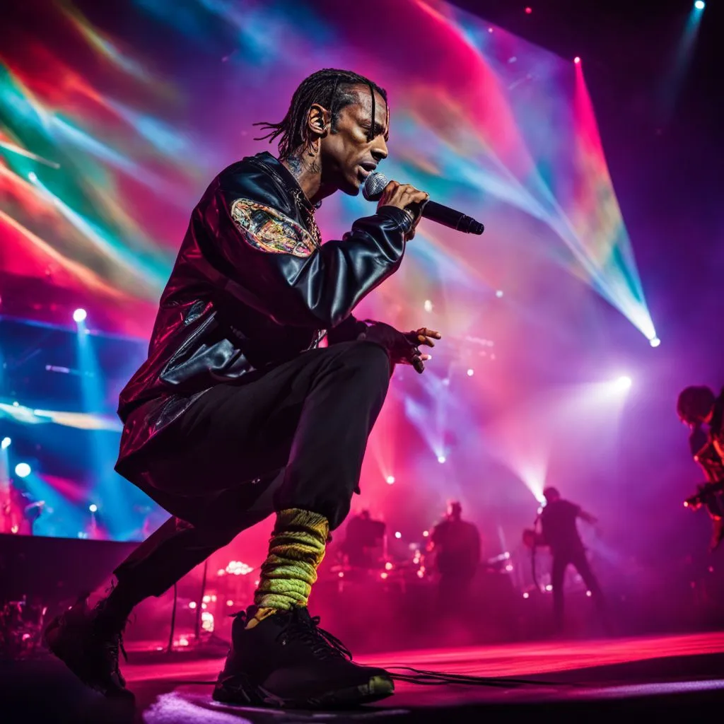 Travis Scott performing on a vibrant stage with a crowded atmosphere.