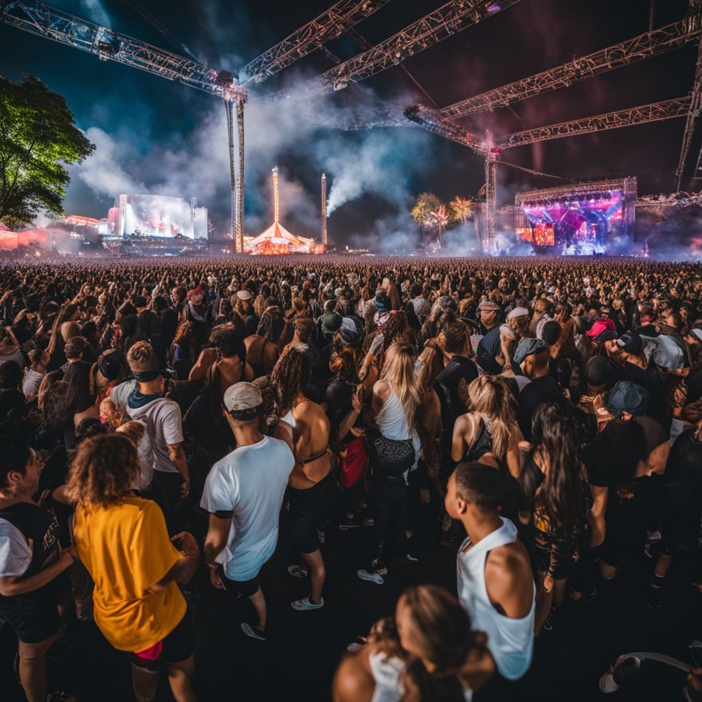 A bustling crowd of fans at the Astroworld Festival surrounded by carnival-themed stages.