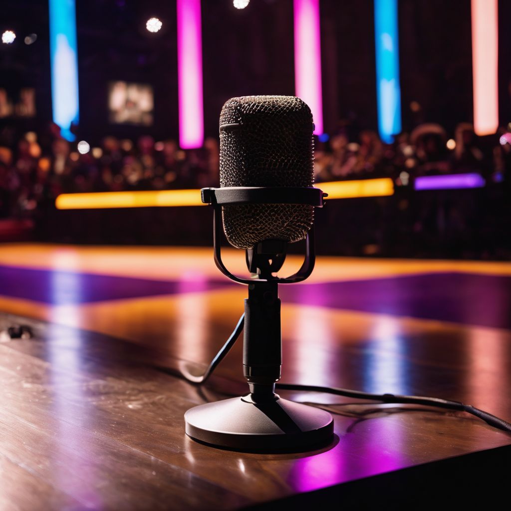 A microphone on an empty stage with colorful stage lights.