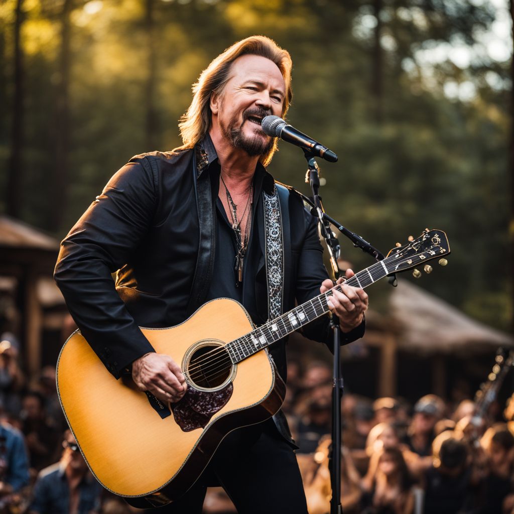 Travis Tritt performing on a rustic country chapel stage surrounded by natural scenery.