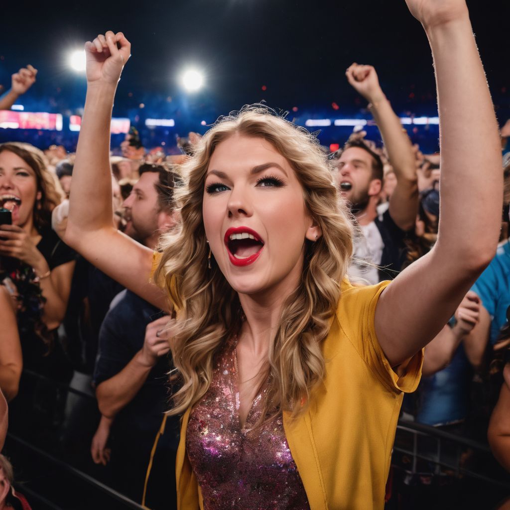 A crowd of ecstatic fans cheering at a Taylor Swift concert.