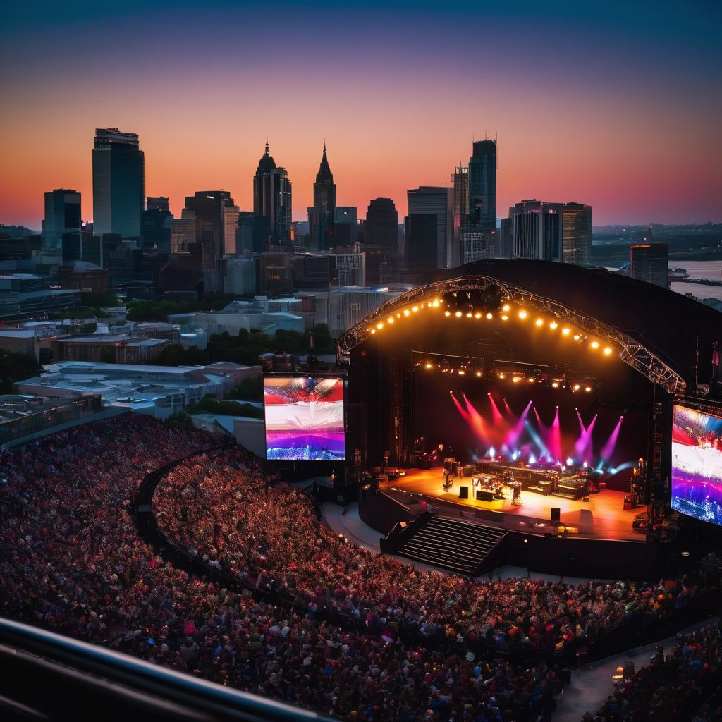 A vibrant concert stage with diverse individuals and bustling atmosphere.