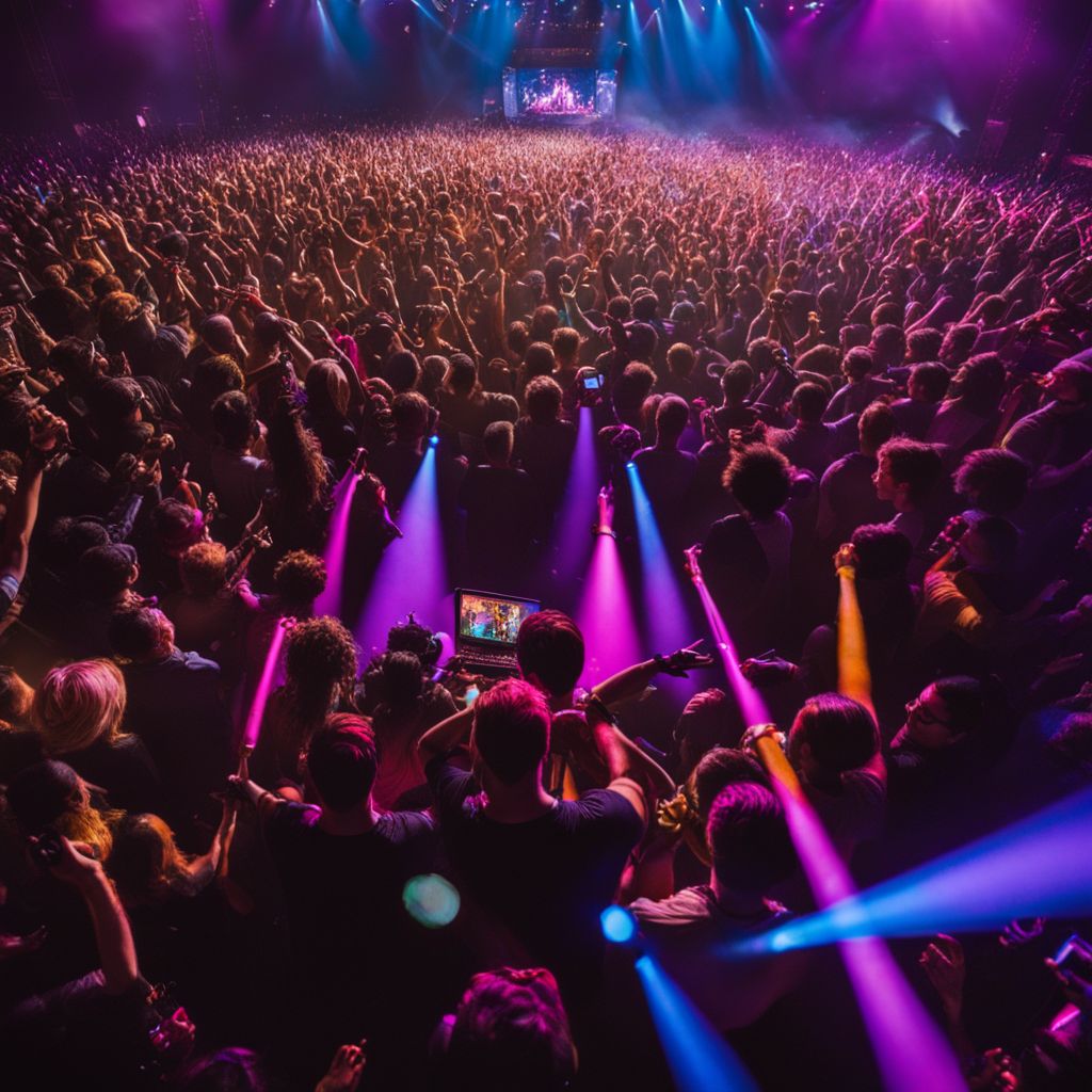 A lively concert crowd under stage lights, captured in high definition.