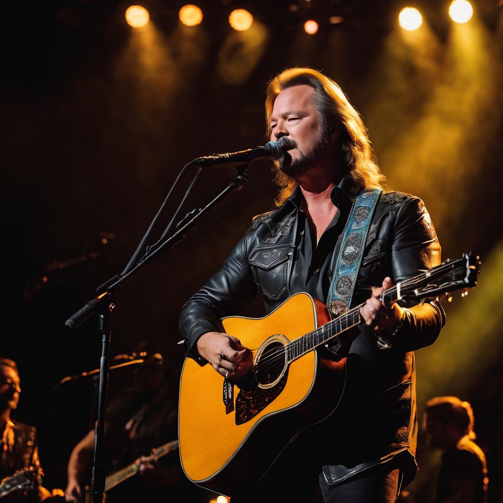 Travis Tritt performing on stage with his guitar in various outfits.