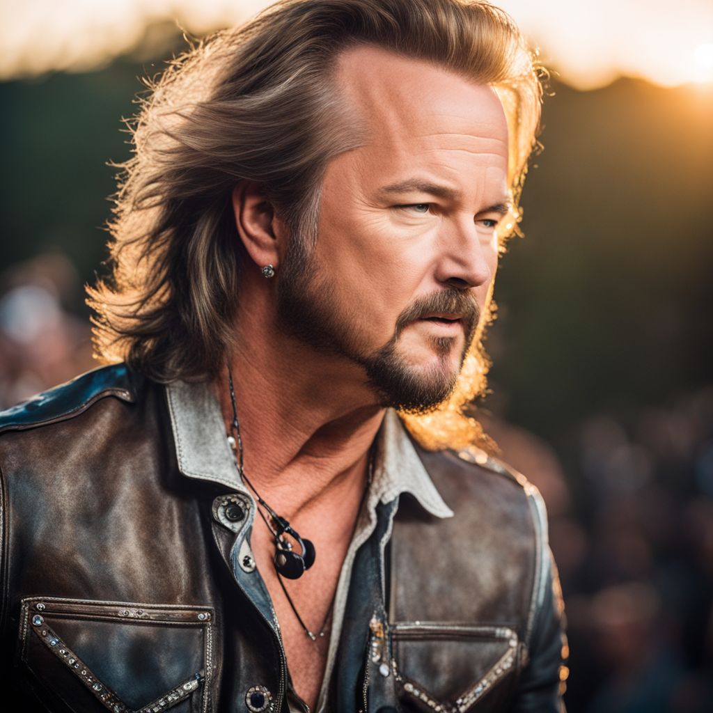 Travis Tritt performing at outdoor sunset country music concert.