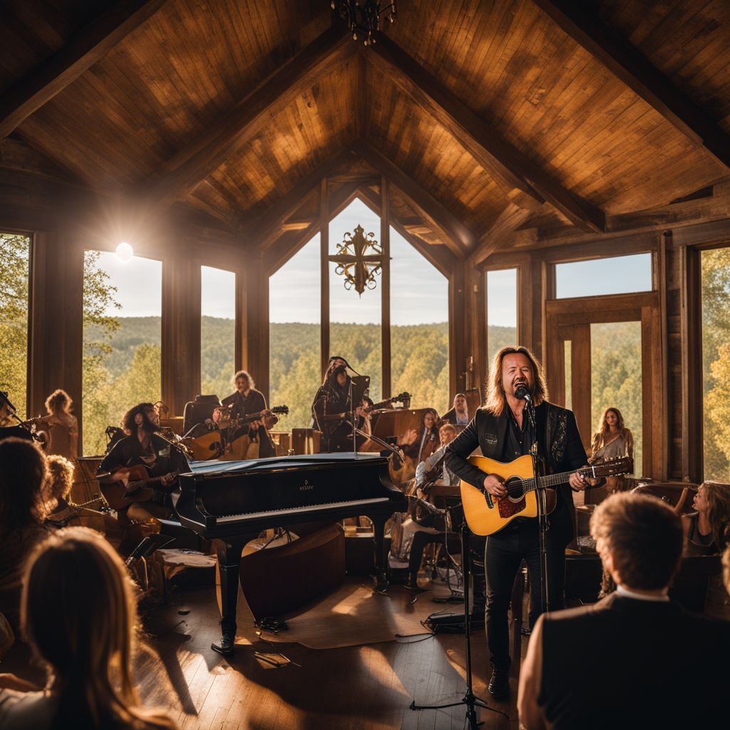 Travis Tritt singing in a rustic countryside chapel surrounded by fans.